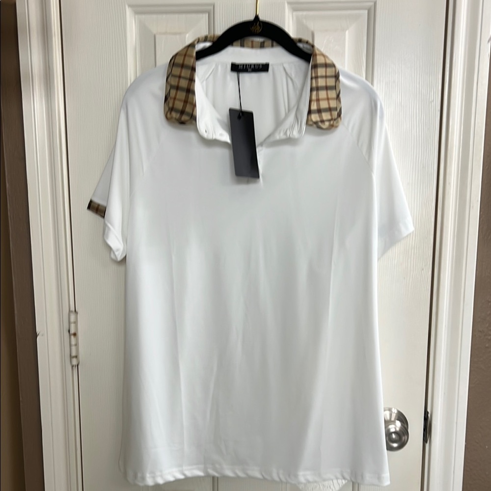 White Button Down Shirt with Plaid Collar gold shirt NWT size XL